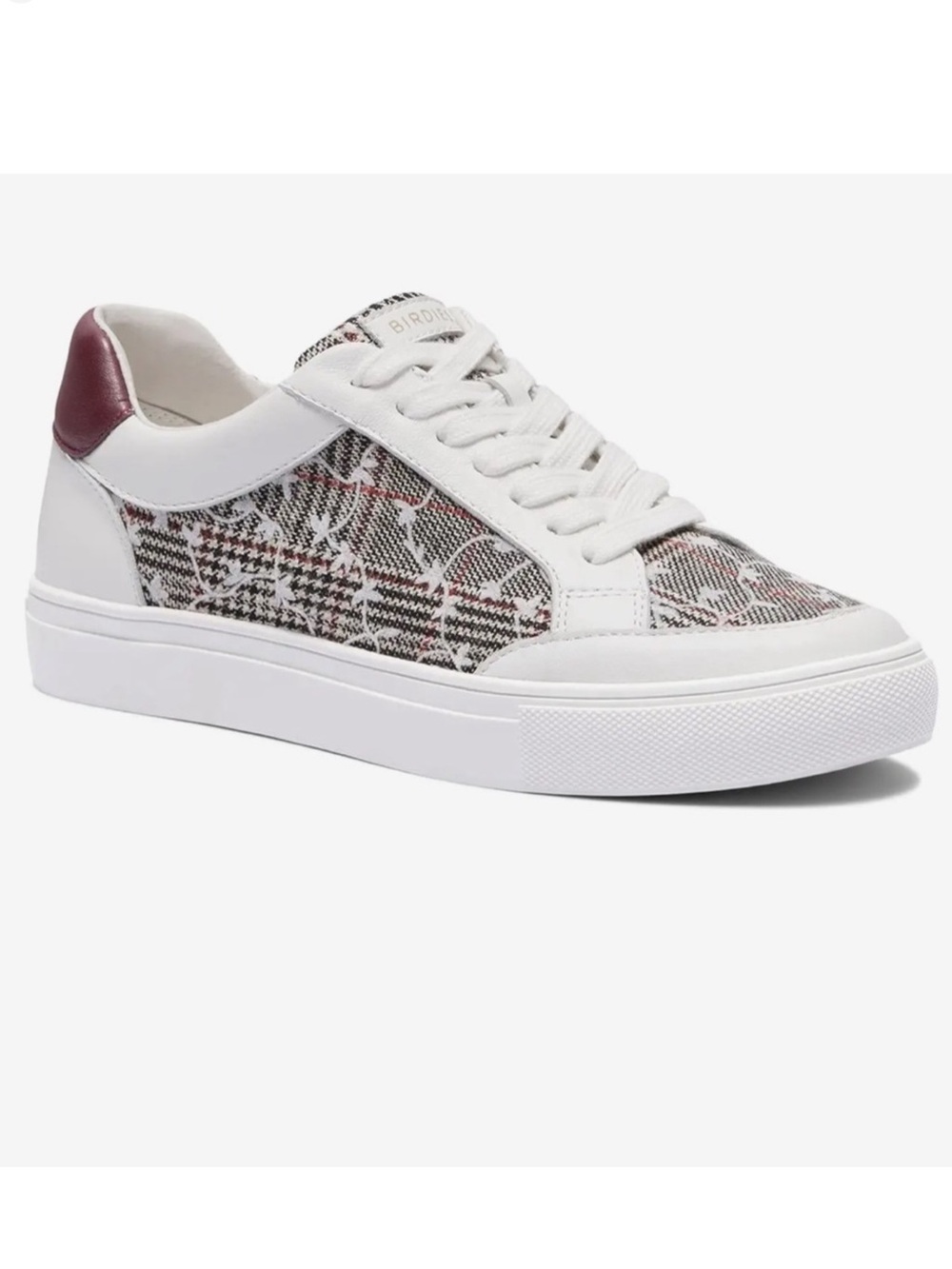 BIRDIES - “The Cardinal” White Leather Sneakers, Floral Plaid, Women’s Size 10